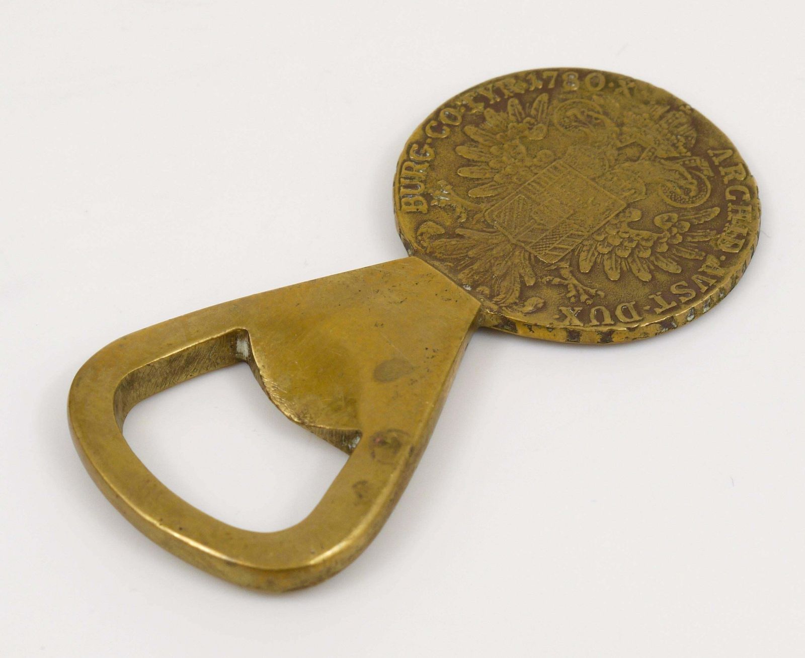 Carl Aubock Brass Maria Theresia Coin Bottle Opener, Austria, 1950s photo vinterior