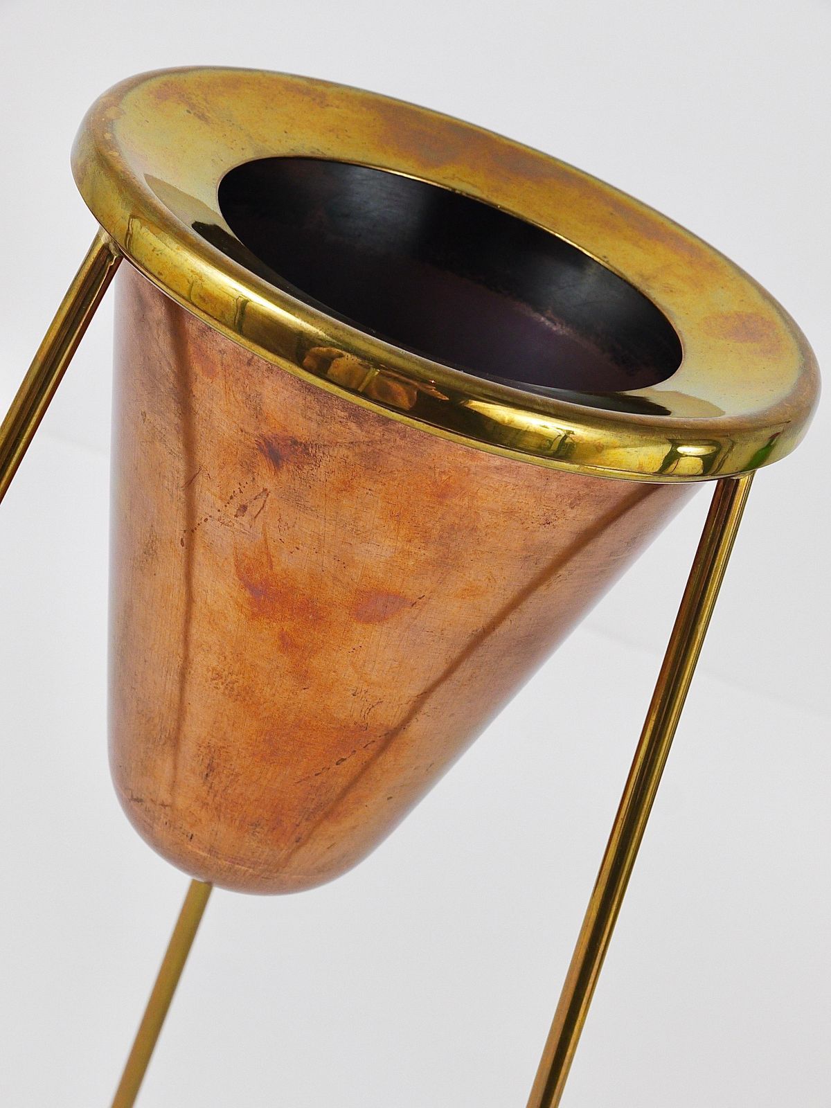 photo vintage Rare Carl Aubock Copper & Brass Tripod Floor Ashtray, Austria, 1950s