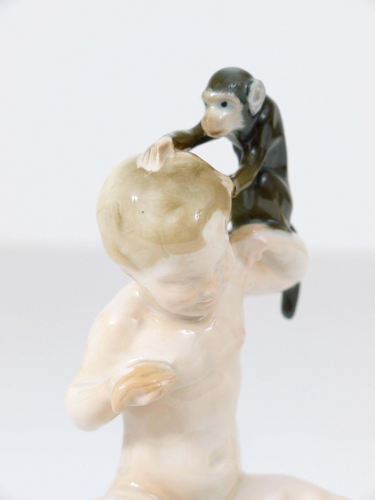 photo for sale 1910s Rosenthal Putto & Monkey Porcelain Sculpture By Ferdinand Liebermann