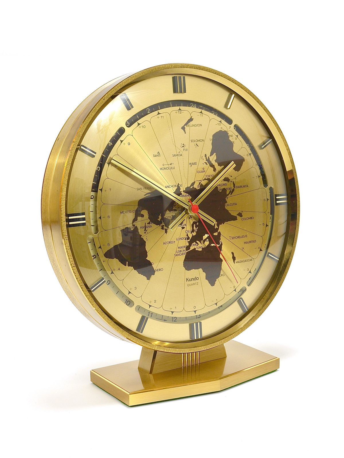 Large Kundo Gmt World Time Zone Brass Table Clock, Kieninger & Obergfell, 1960s photo furniture