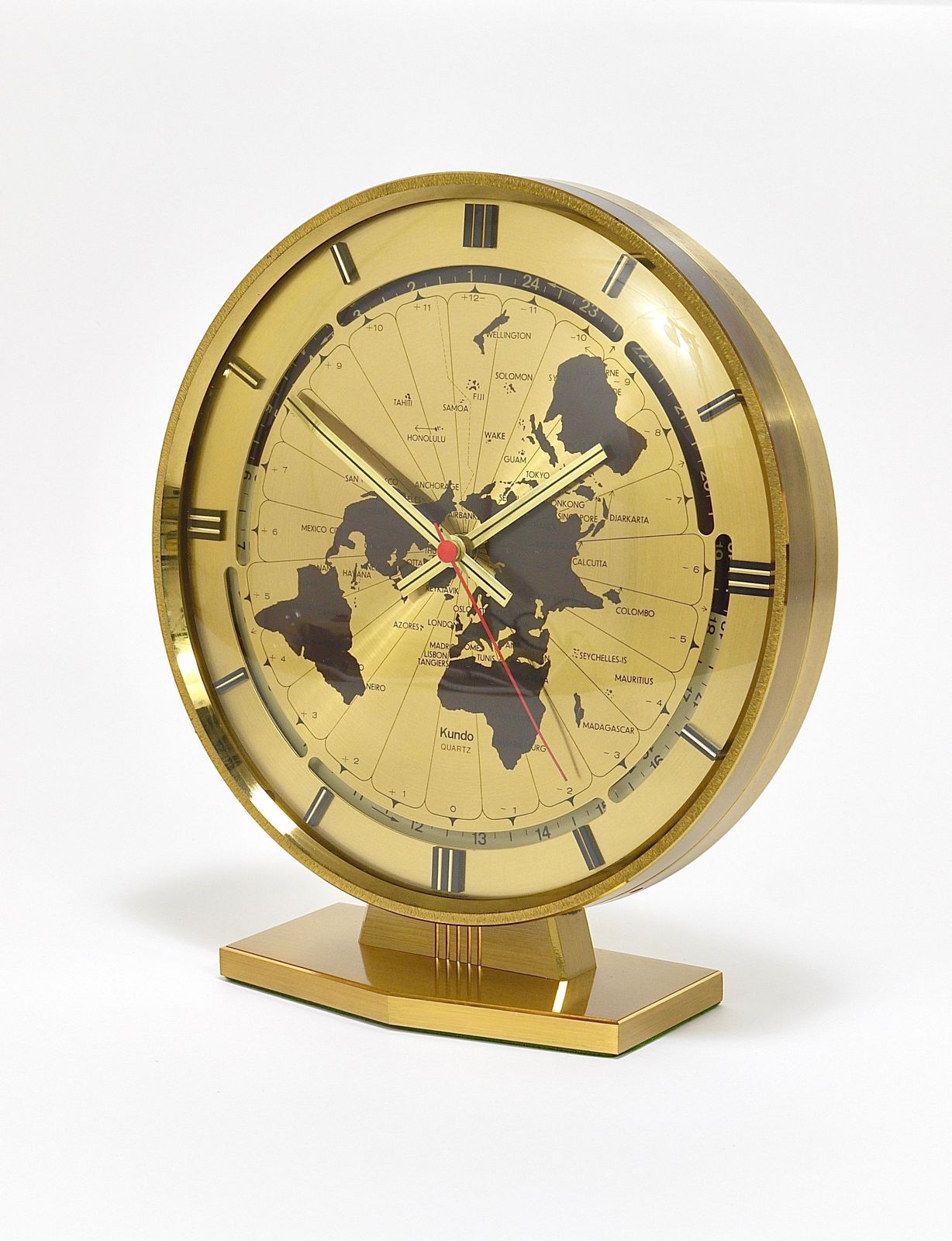 Large Kundo Gmt World Time Zone Brass Table Clock, Kieninger & Obergfell, 1960s photo 1201.0