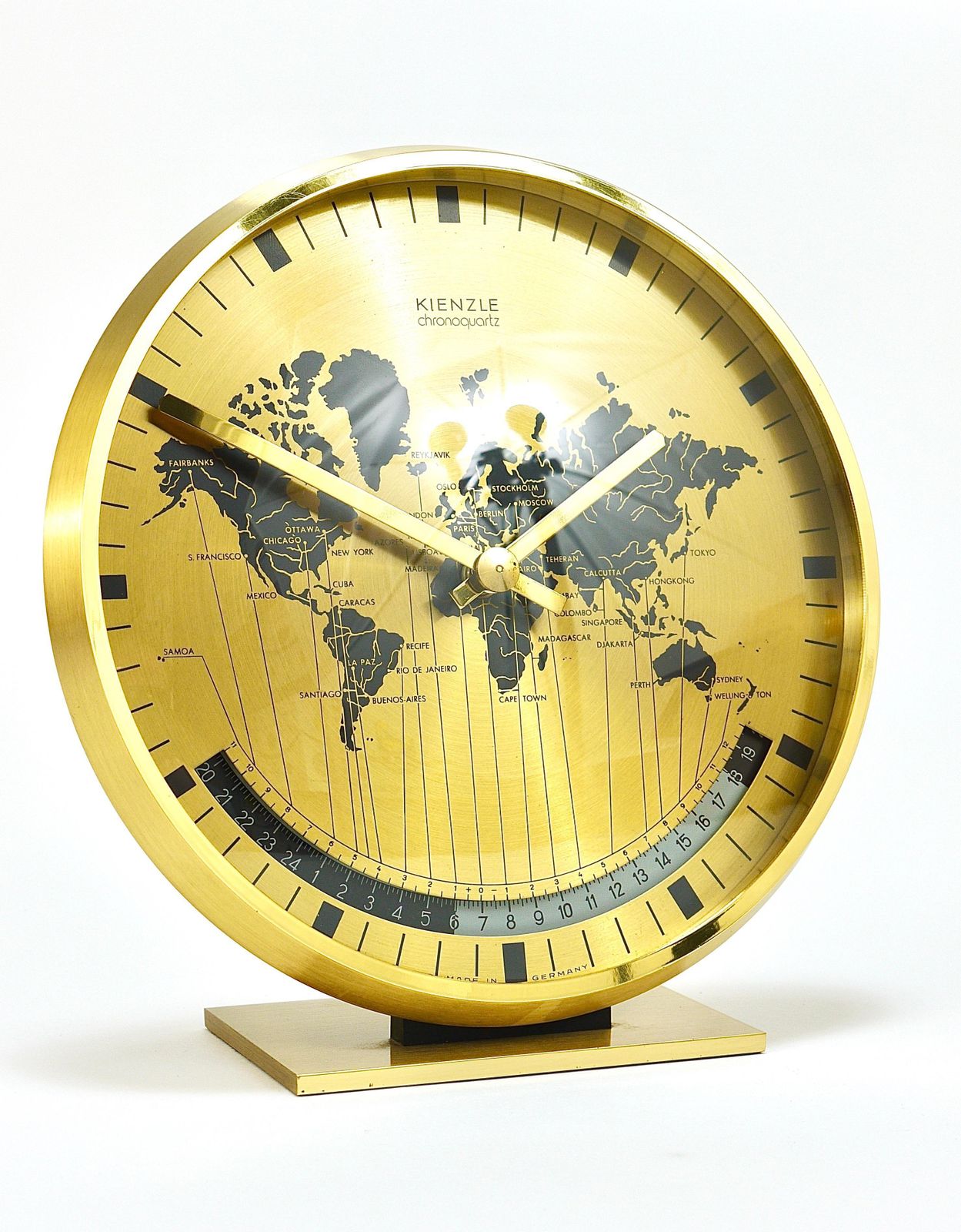 Kienzle Gmt World Time Zone Brass Table Clock, Midcentury, Germany, 1960s photo vintage