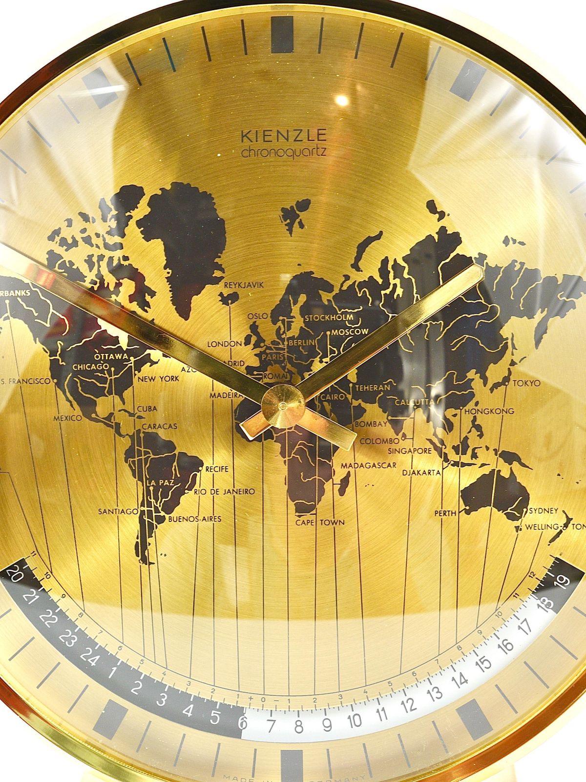 photo for sale Kienzle Gmt World Time Zone Brass Table Clock, Midcentury, Germany, 1960s