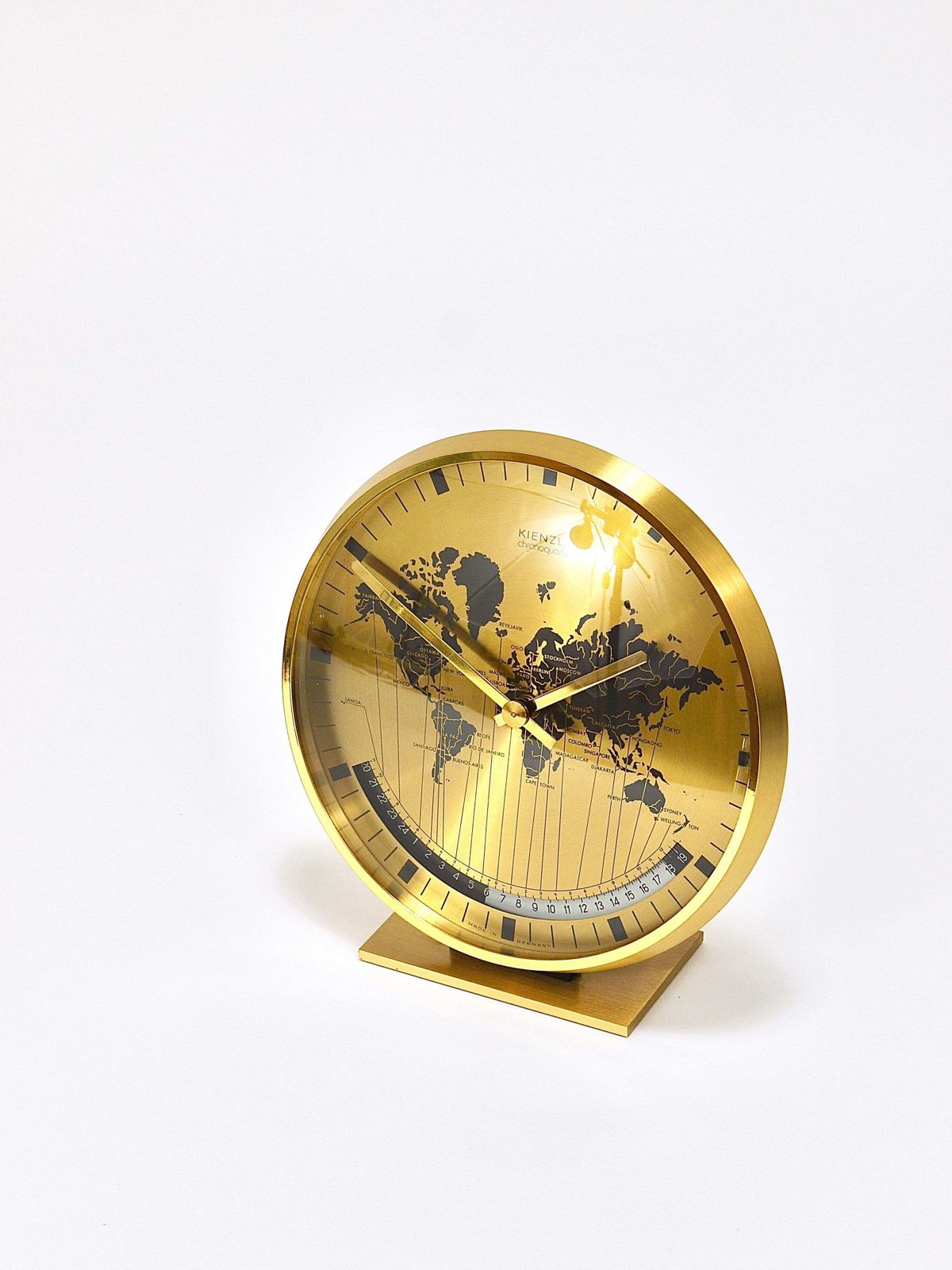 967.0 Kienzle Gmt World Time Zone Brass Table Clock, Midcentury, Germany, 1960s photo