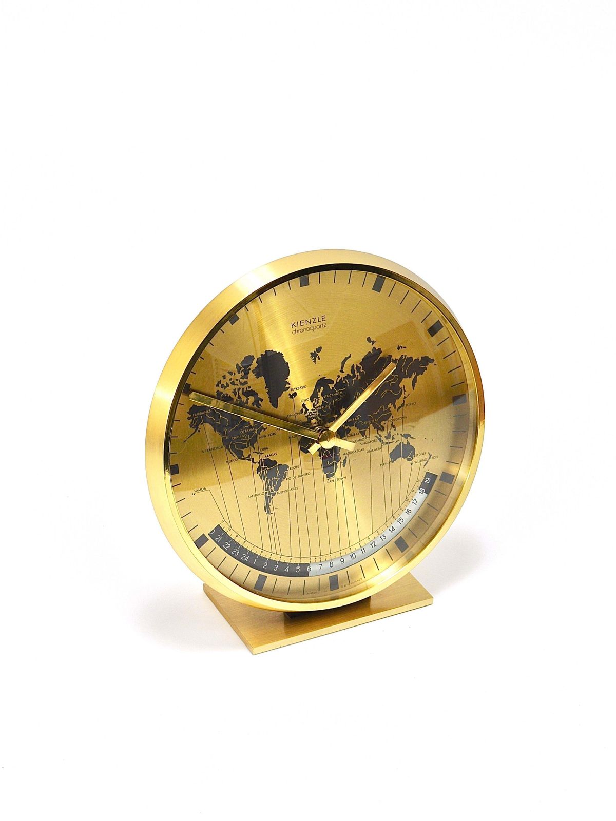 photo vinterior Kienzle Gmt World Time Zone Brass Table Clock, Midcentury, Germany, 1960s