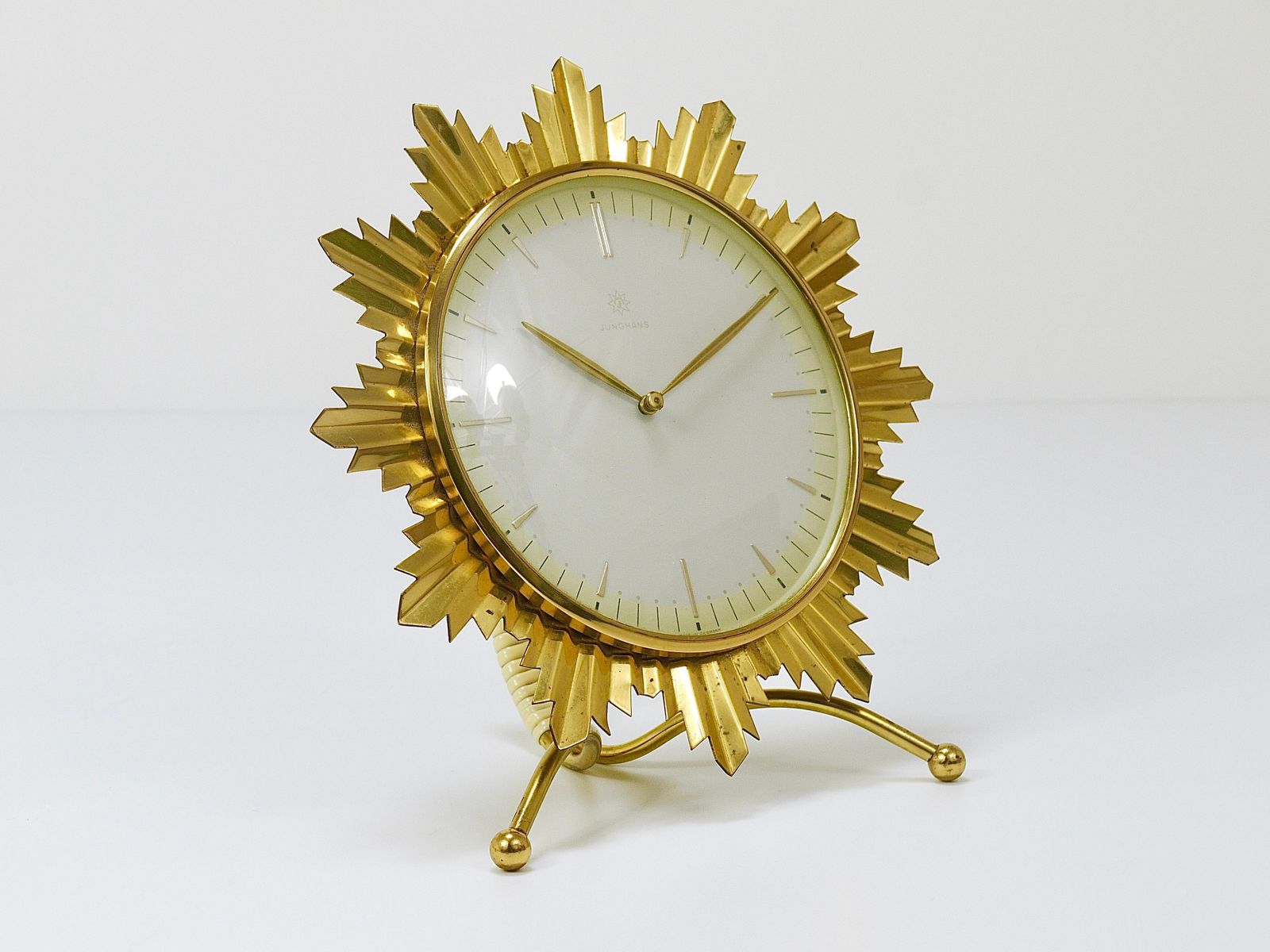 Junghans Mid Century Golden Sunburst Brass Table Desk Clock, Germany, 1950s photo buy