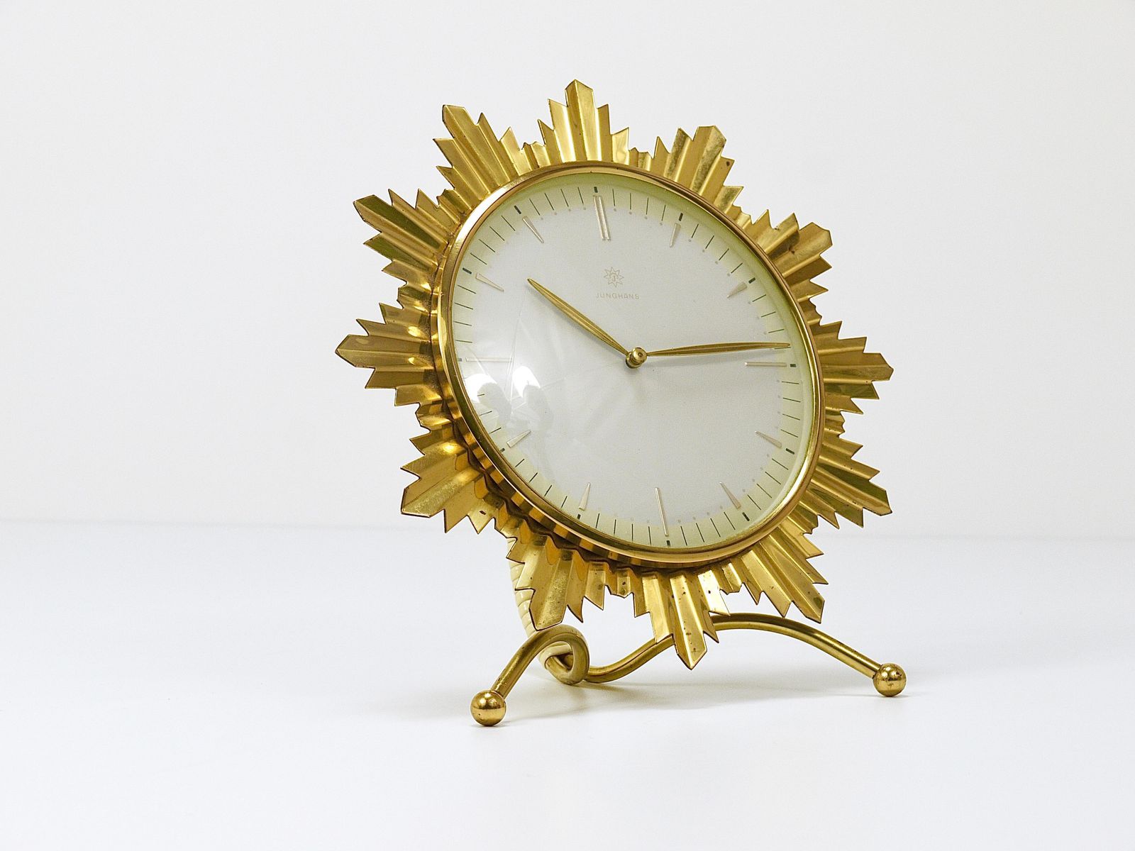 395.0 Junghans Mid Century Golden Sunburst Brass Table Desk Clock, Germany, 1950s photo