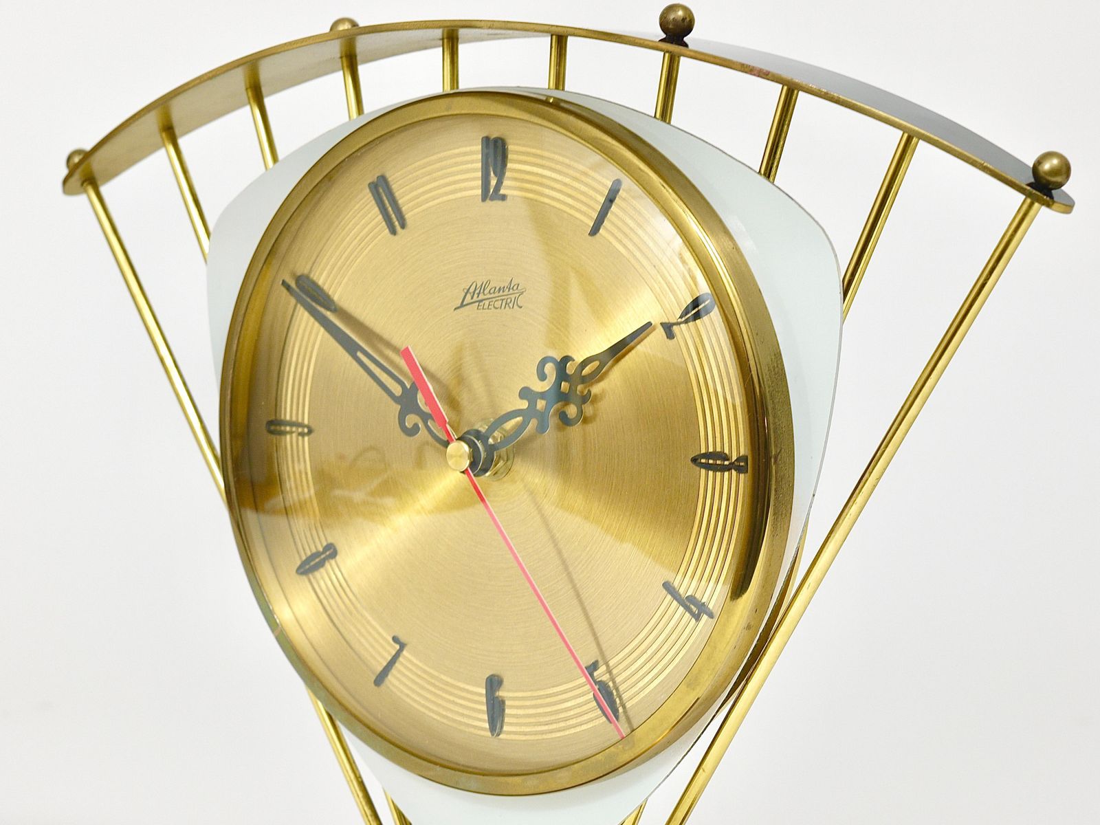 photo furniture Atlanta Midcentury Atomic Age Sunburst Brass Table Desk Clock, Western Germany