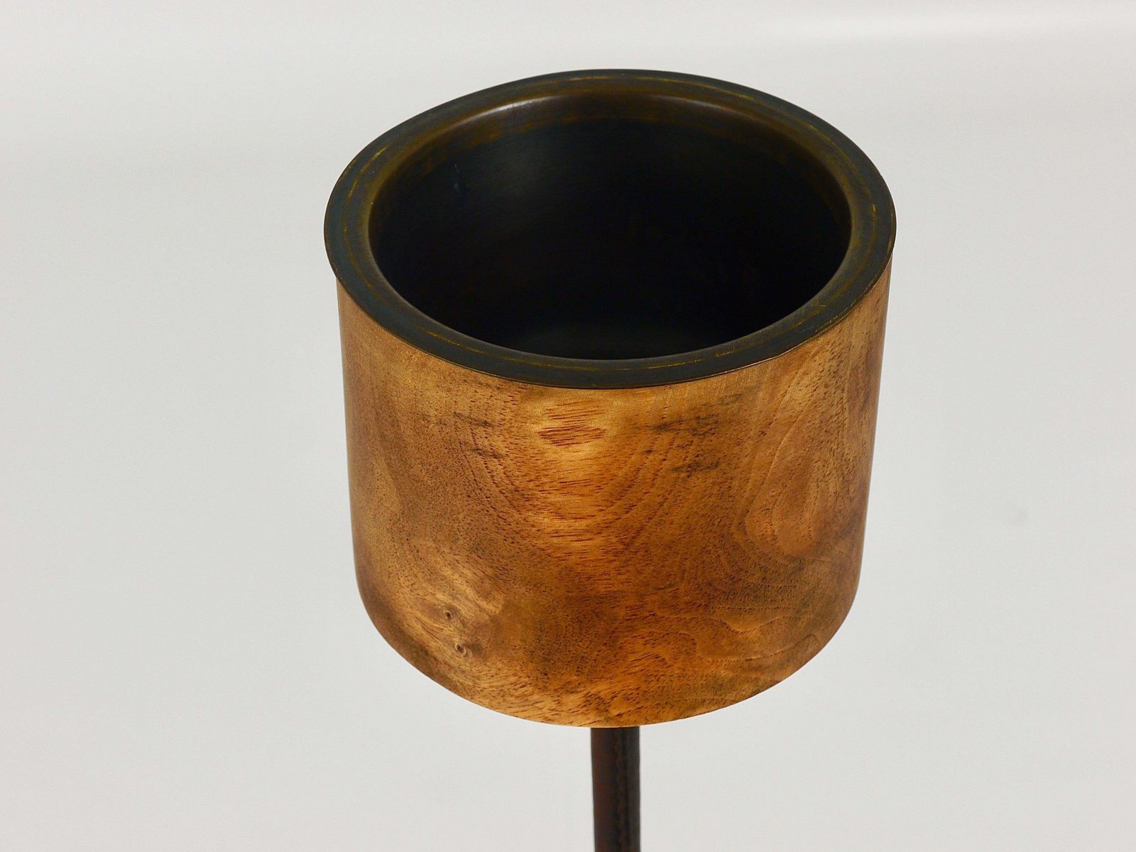 Carl Aubock Modernist Walnut Leather Candlestick Candle Holder, Austria, 1950s photo 2338.0