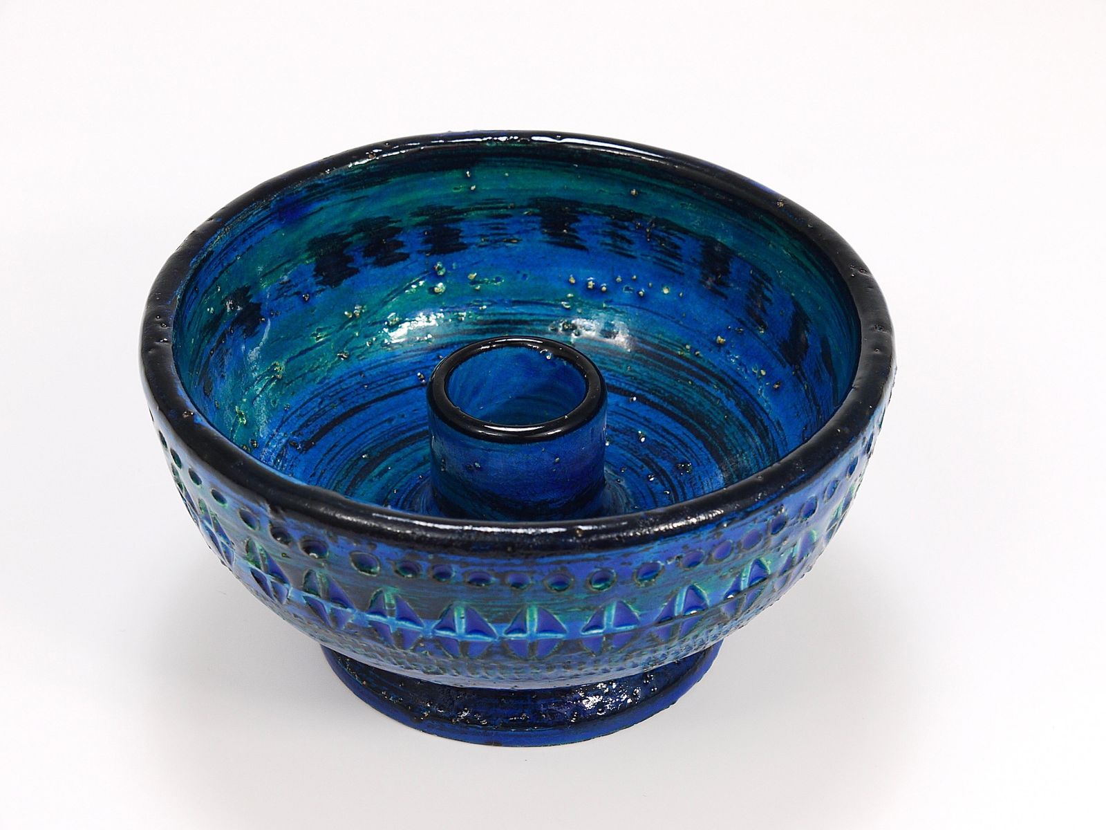 Aldo Londi Bitossi Rimini Blue Glazed Midcentury Candle Holder Bowl, 1950s photo vinterior