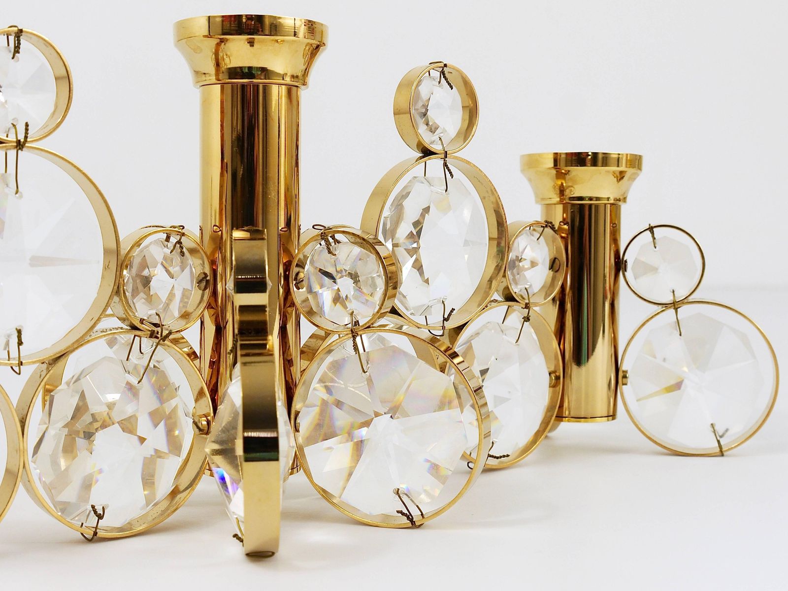 5x Palwa Gaetano Sciolari Style Brass & Crystal Candle Holder Candlestick, 1970s photo vintage