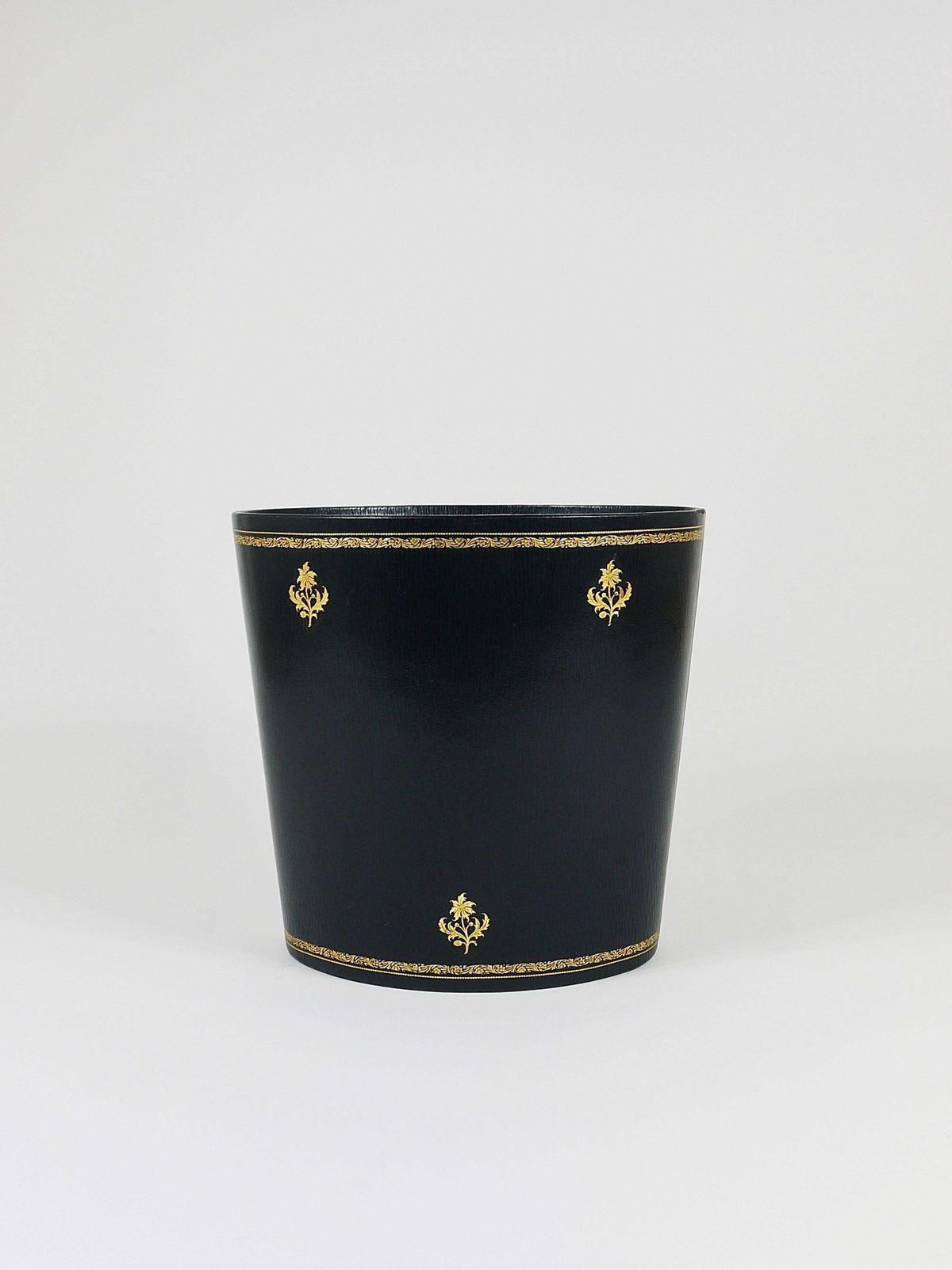 Morabito Paris Black & Gold Leather Wastepaper Basket Bin, France, 1970s photo furniture