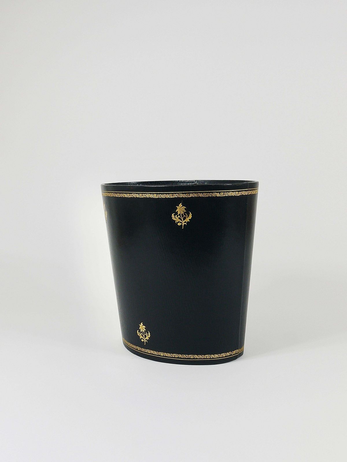 Morabito Paris Black & Gold Leather Wastepaper Basket Bin, France, 1970s photo for sale