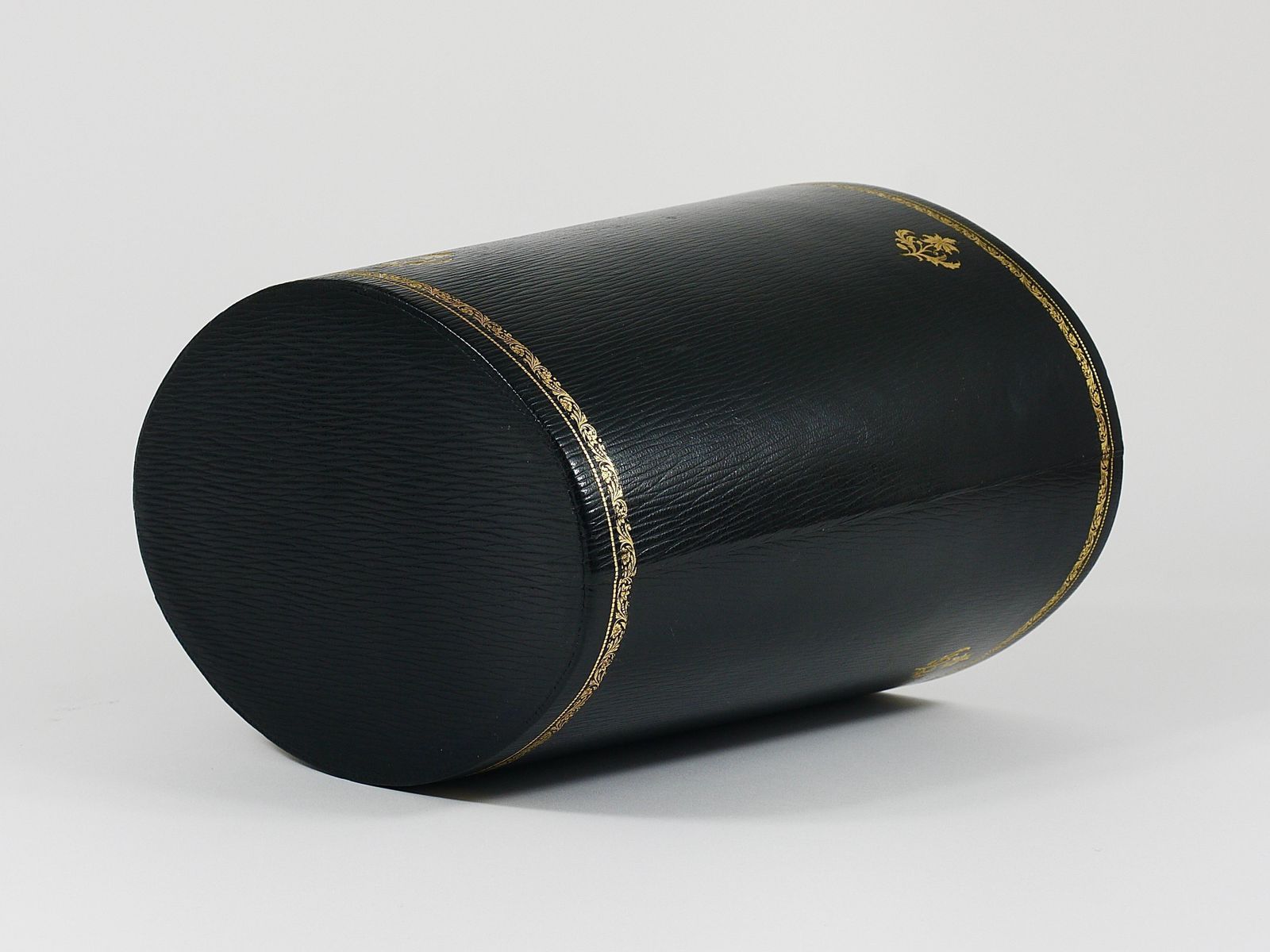 Morabito Paris Black & Gold Leather Wastepaper Basket Bin, France, 1970s photo 717.0