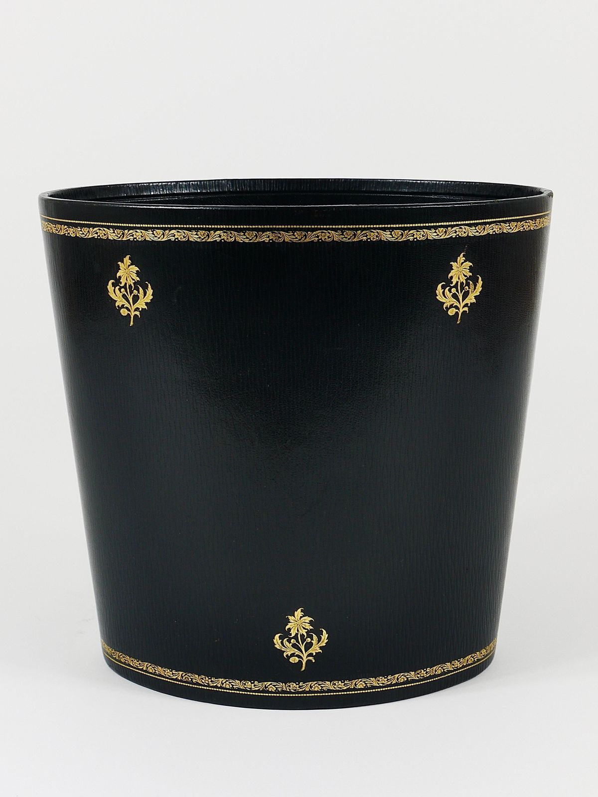 photo for sale Morabito Paris Black & Gold Leather Wastepaper Basket Bin, France, 1970s