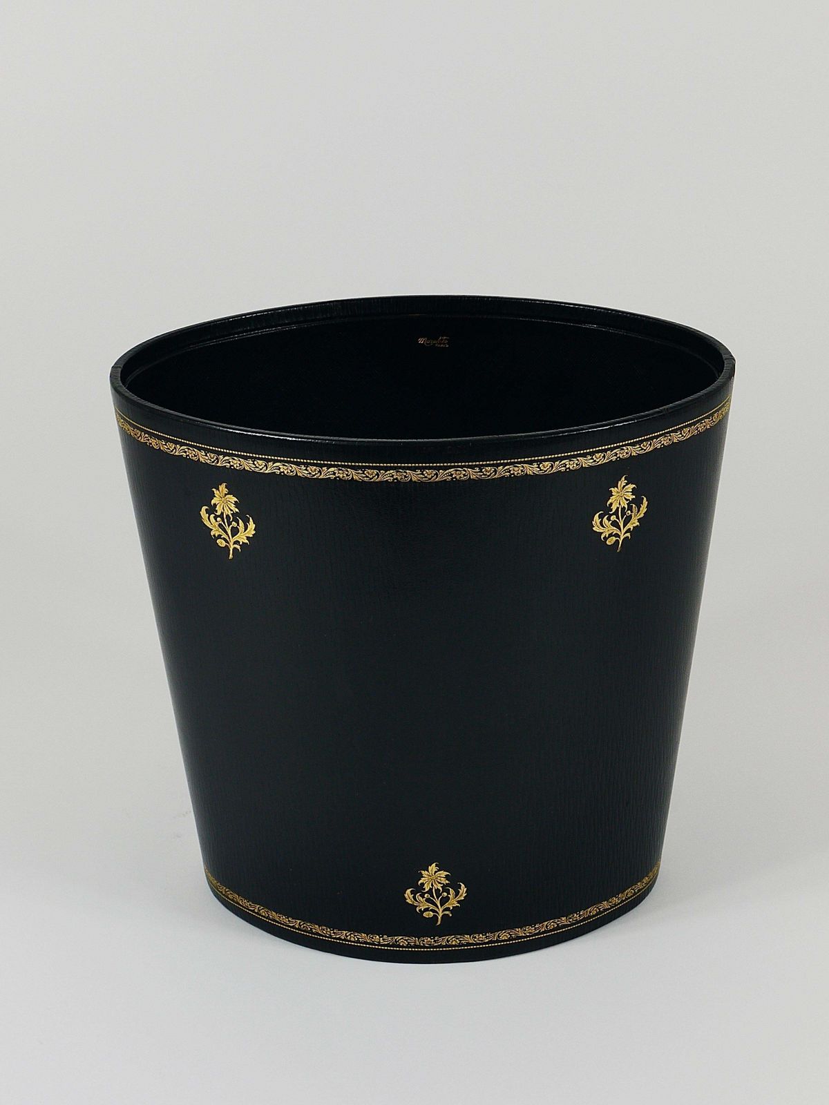 717.0 Morabito Paris Black & Gold Leather Wastepaper Basket Bin, France, 1970s photo