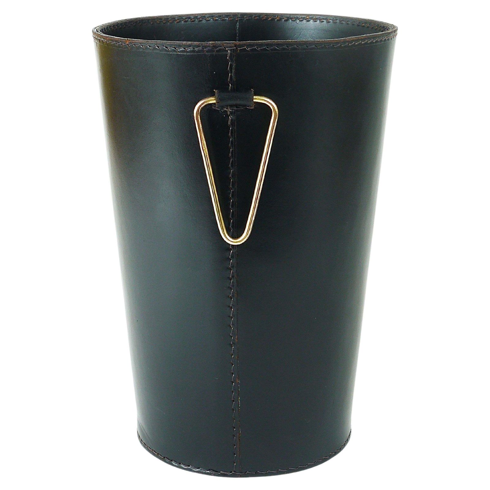 Mid Century Carl Auböck Black Leather & Brass Wastepaper Basket, Austria, 1950s