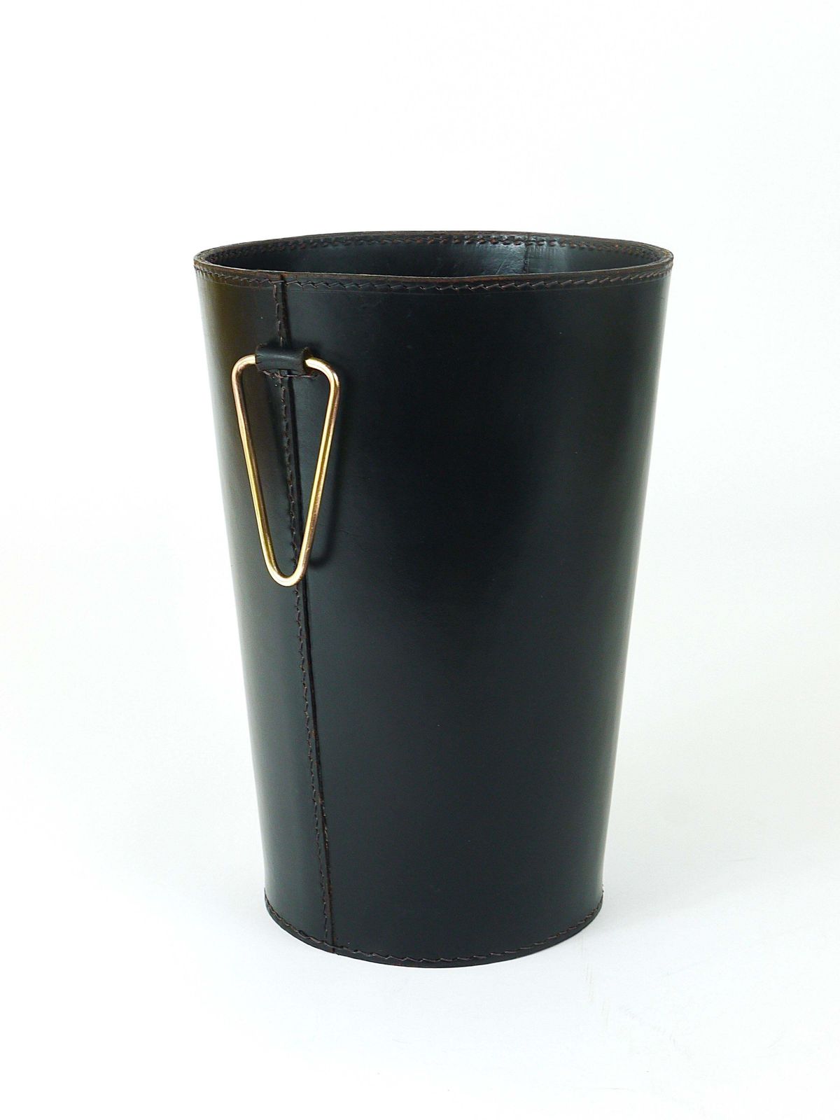 Mid Century Carl Auböck Black Leather & Brass Wastepaper Basket, Austria, 1950s photo for sale