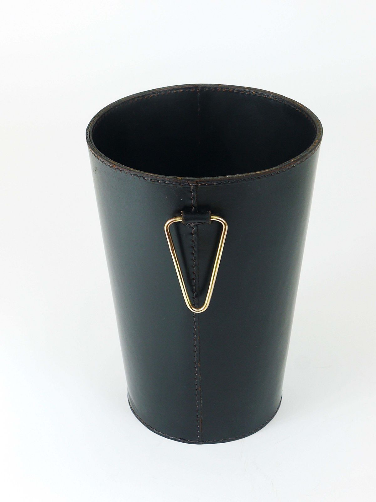 Mid Century Carl Auböck Black Leather & Brass Wastepaper Basket, Austria, 1950s photo vinterior