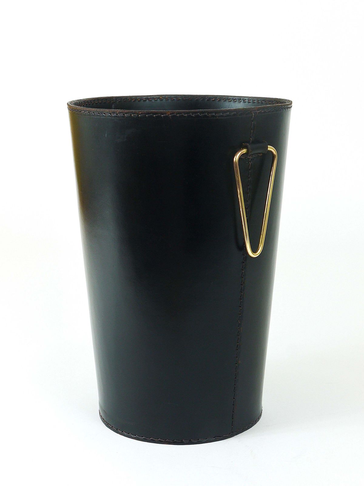 Mid Century Carl Auböck Black Leather & Brass Wastepaper Basket, Austria, 1950s photo buy