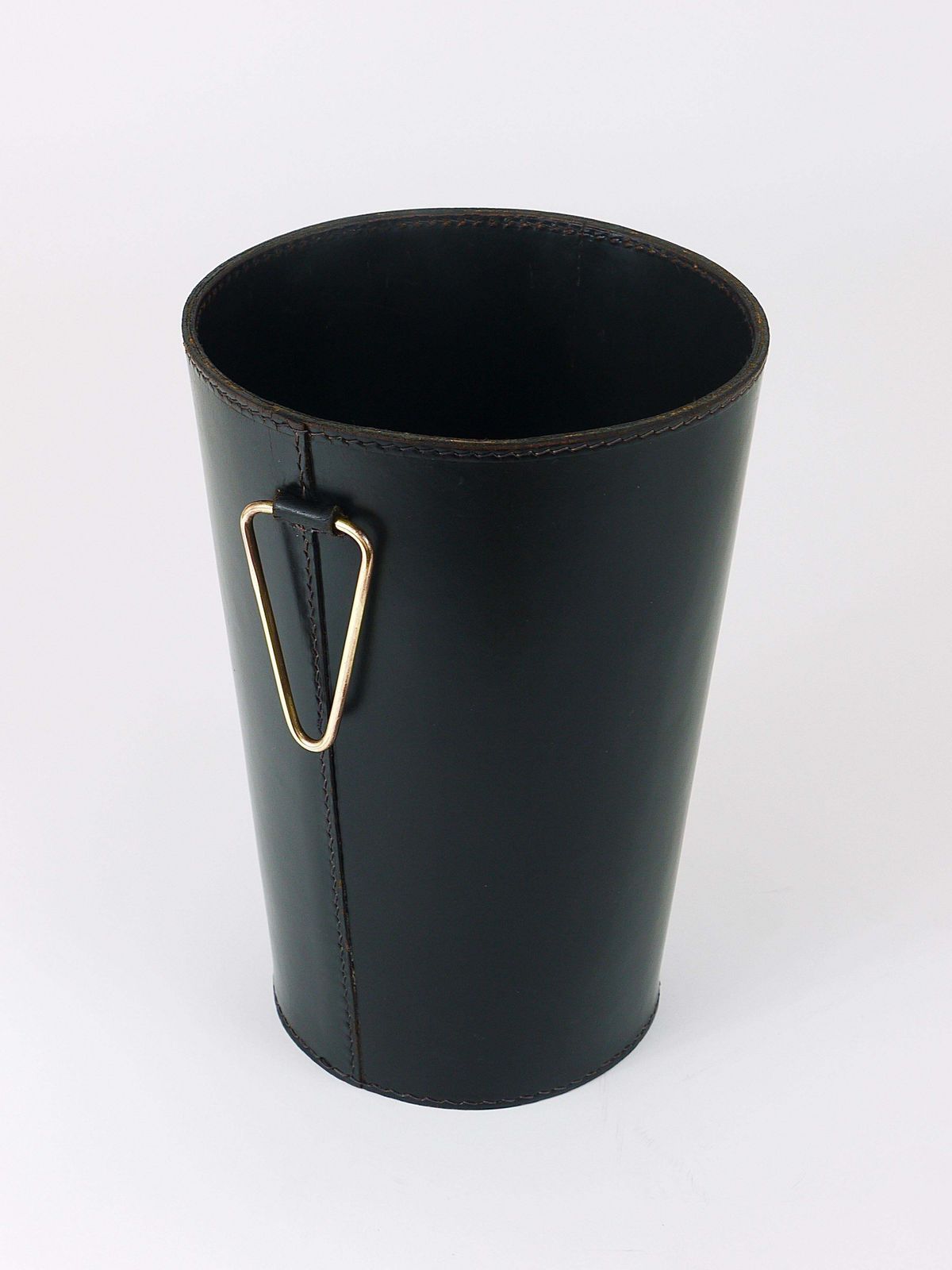 Home Decor Mid Century Carl Auböck Black Leather & Brass Wastepaper Basket, Austria, 1950s photo