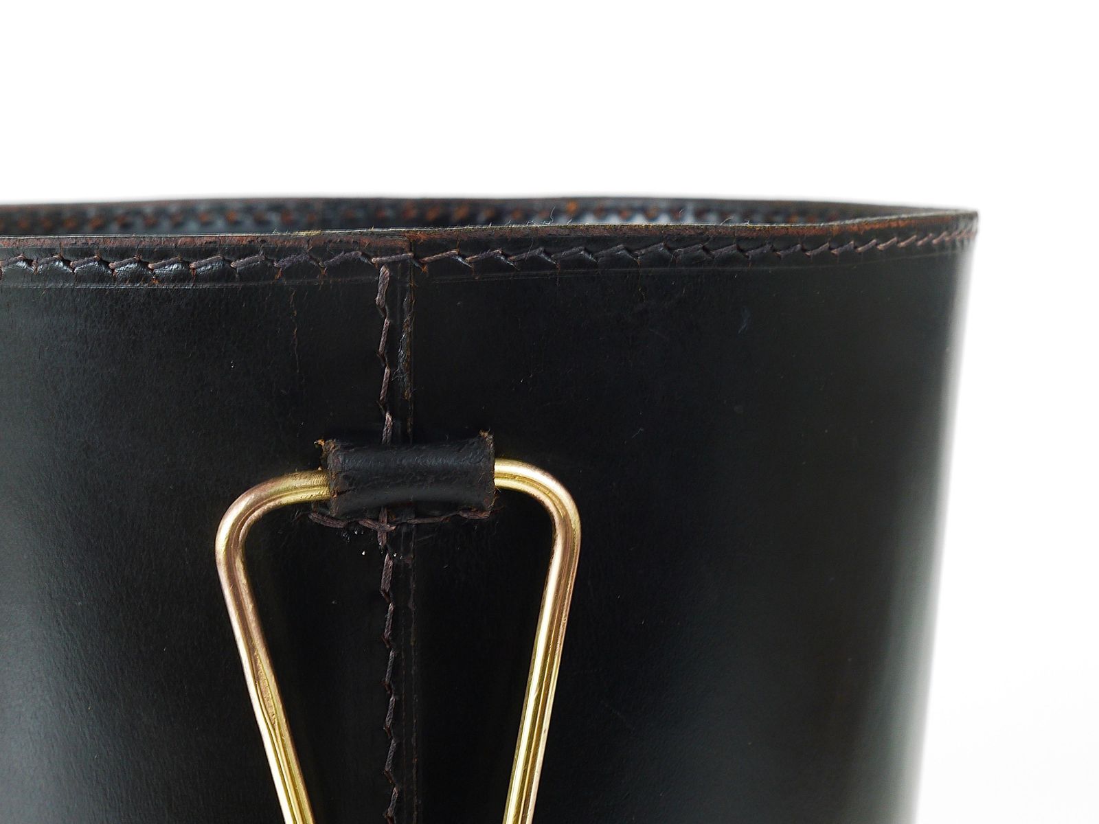 1936.0 Mid Century Carl Auböck Black Leather & Brass Wastepaper Basket, Austria, 1950s photo