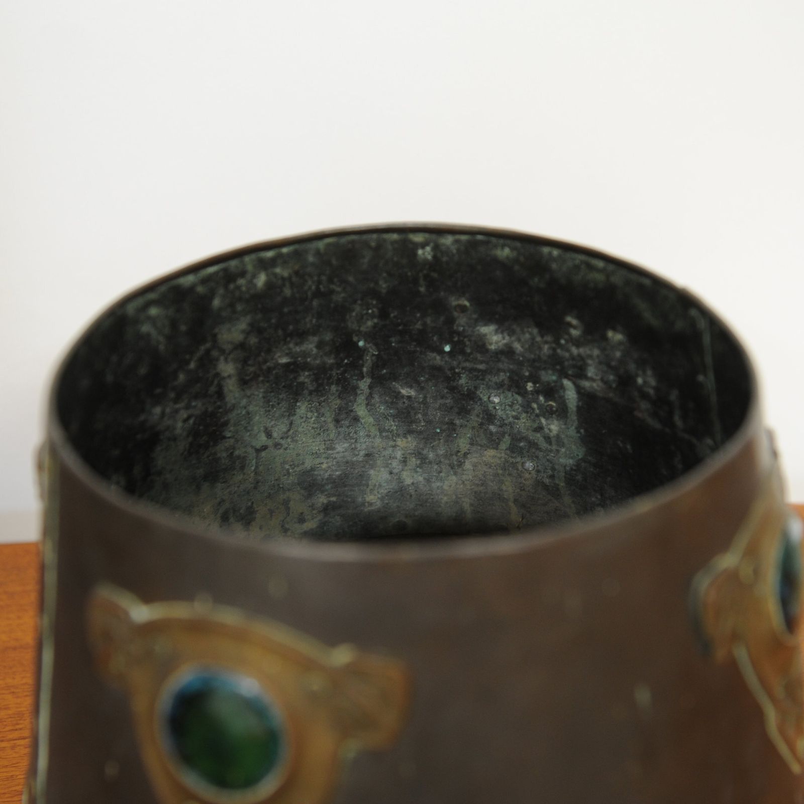 Art Nouveau Metal Cylindrical Plant Pot With Ornate Details And Enamel Embellishments, 1910 photo Home Decor