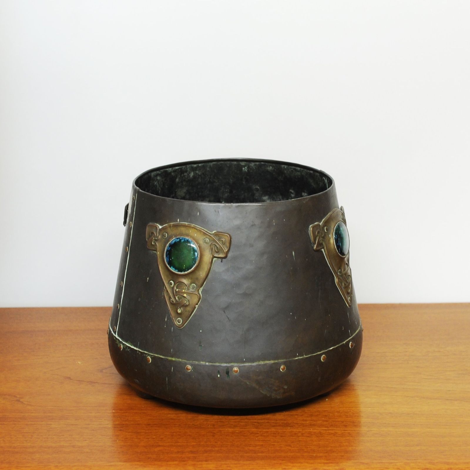 Art Nouveau Metal Cylindrical Plant Pot With Ornate Details And Enamel Embellishments, 1910 photo vinterior