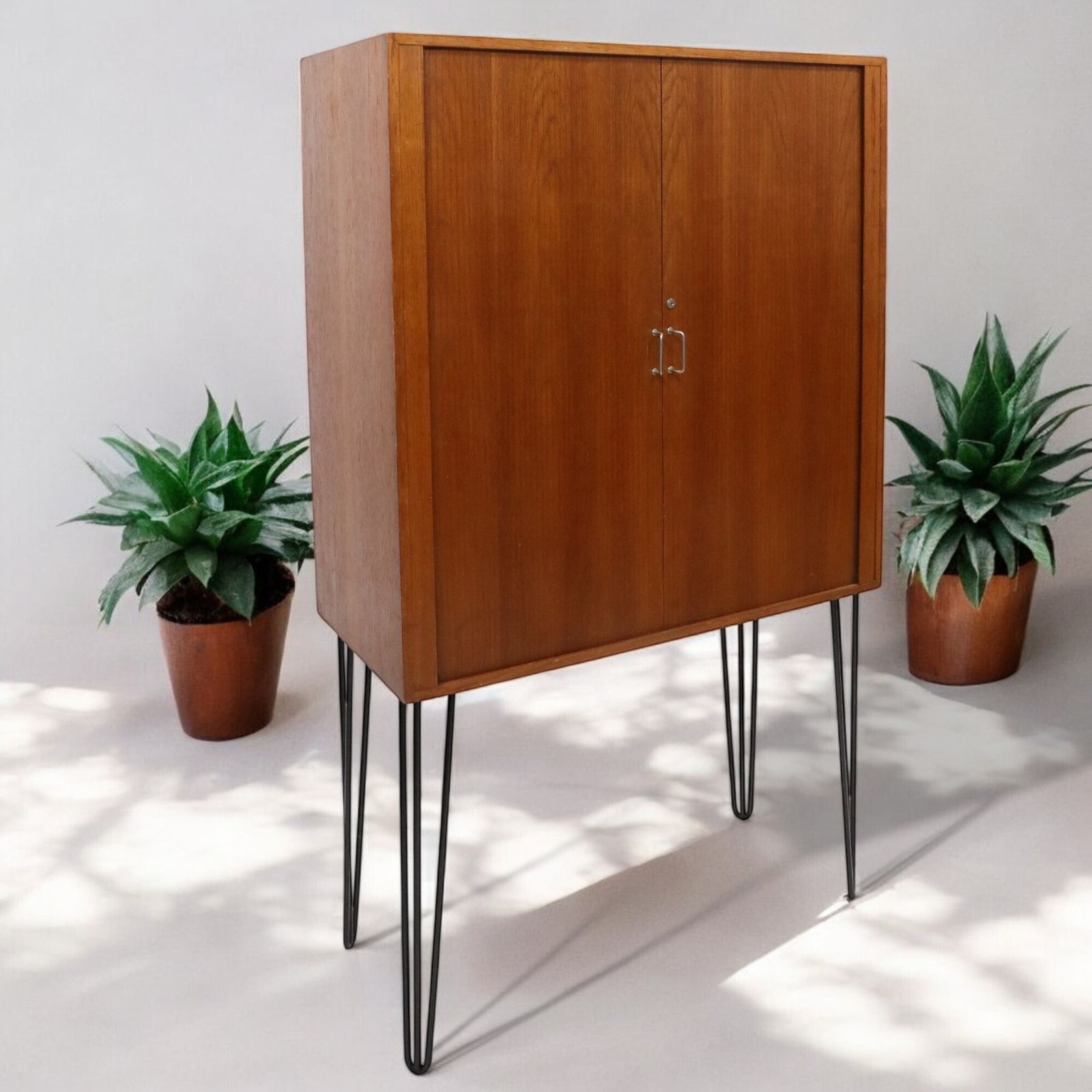 1960s Teak Cupboard With Metal Shelving Sliding Tambour Doors Free Uk Delivery photo vintage