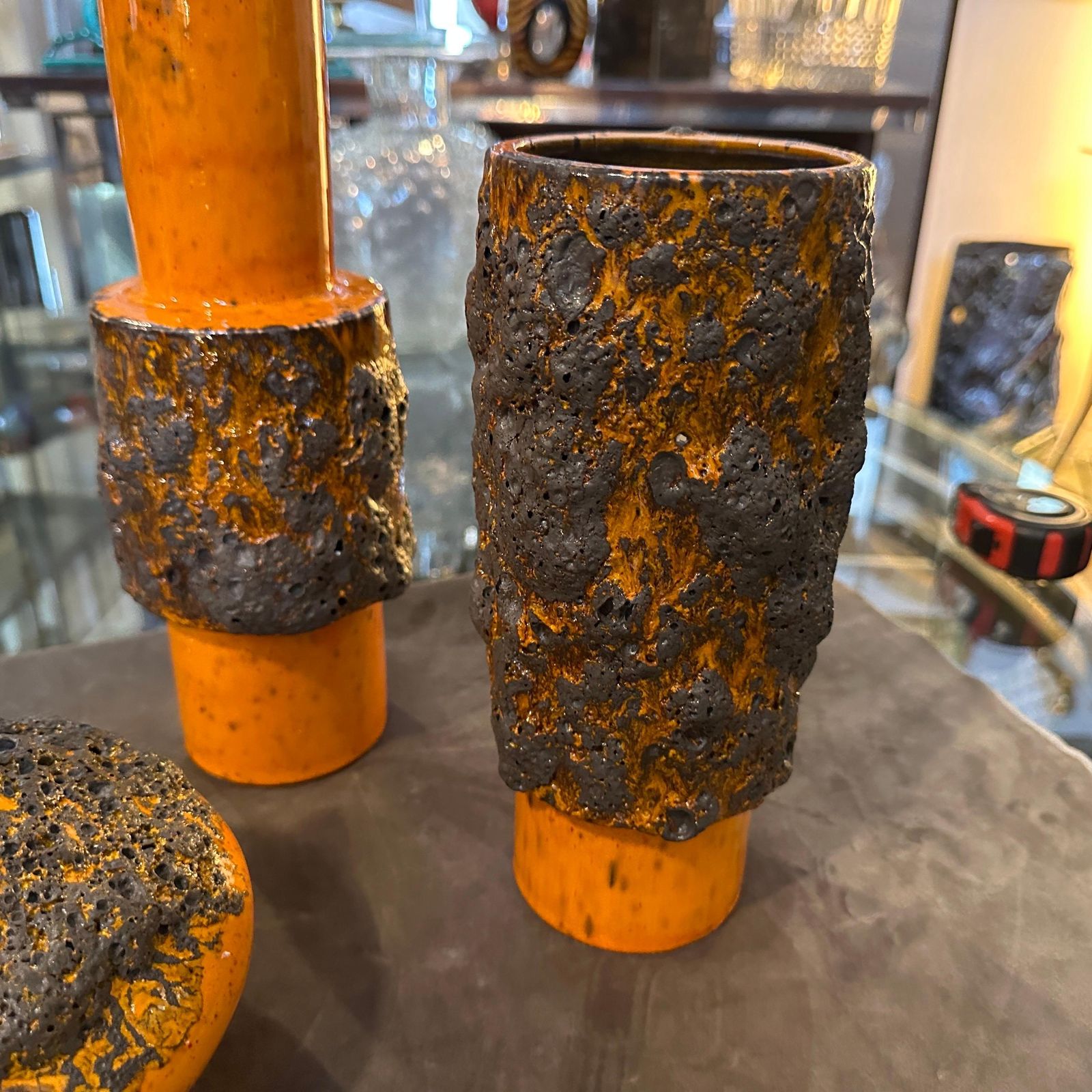 Three 1980s Modernist Orange And Black  Fat Lava Ceramic German Vases photo vinterior