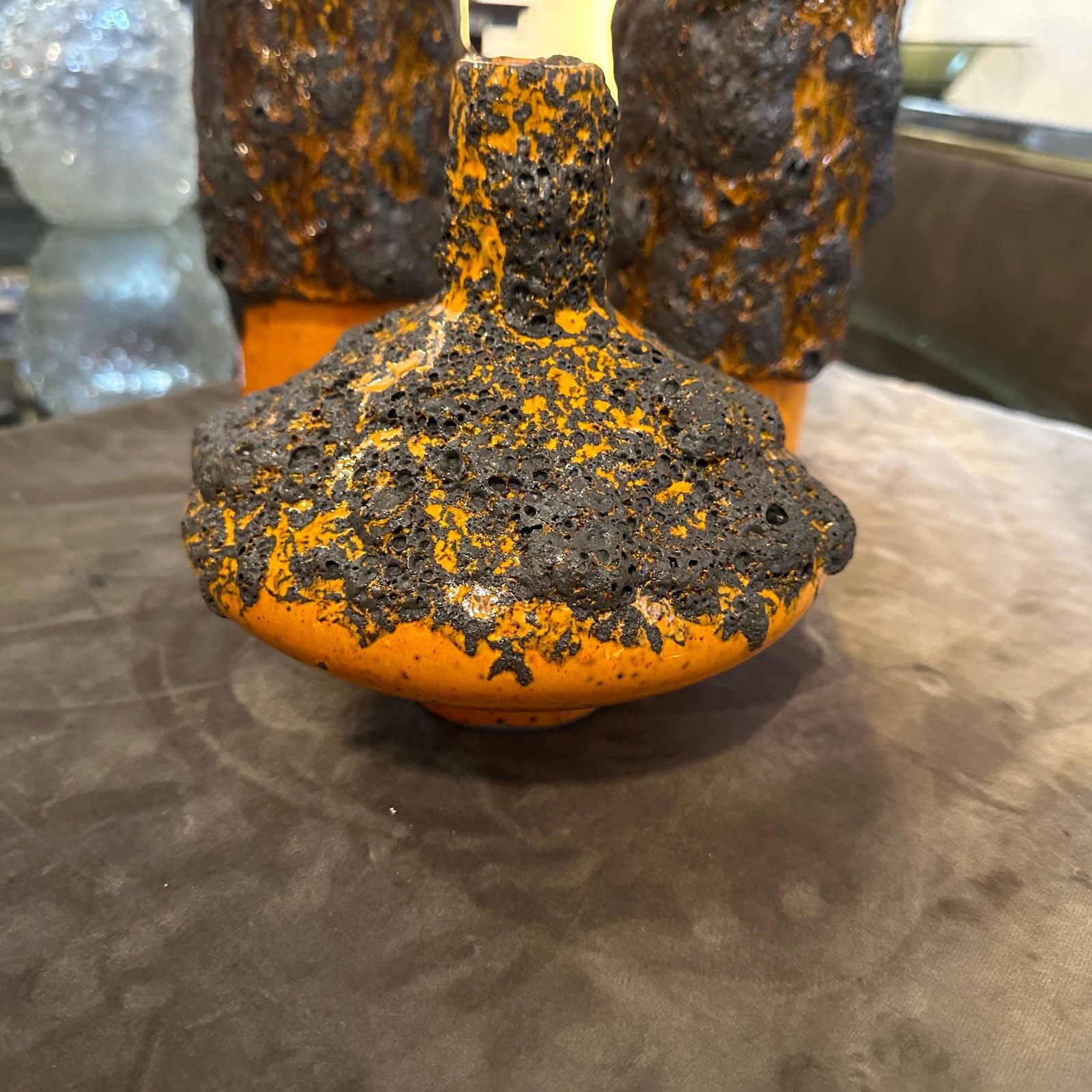 Home Decor Three 1980s Modernist Orange And Black  Fat Lava Ceramic German Vases photo