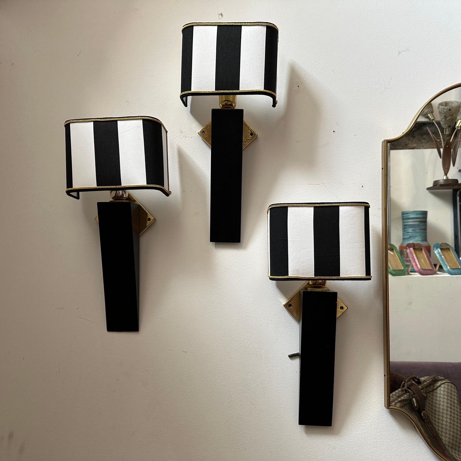 An Elegant 1980s Art Deco Style Black Painted Wood And Brass Italian Wall Sconce photo furniture