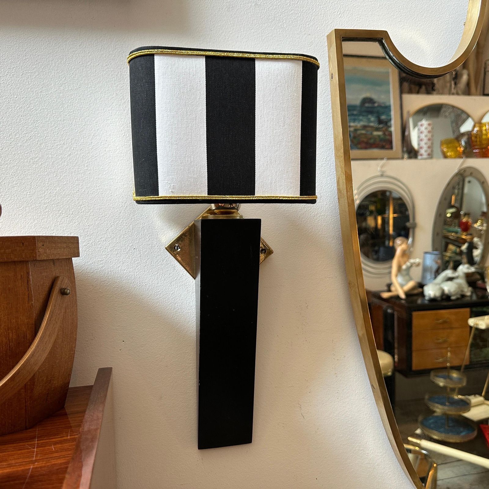 photo furniture An Elegant 1980s Art Deco Style Black Painted Wood And Brass Italian Wall Sconce