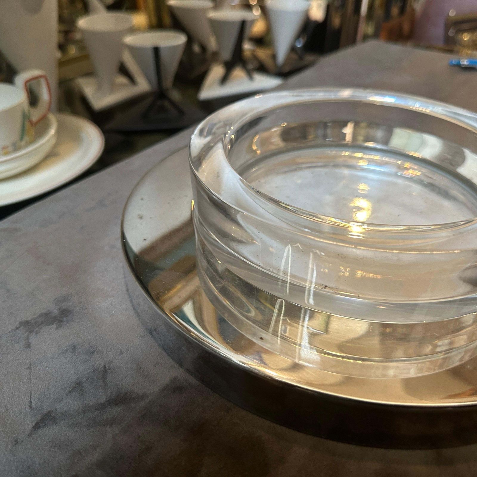 1980s Lino Sabattini Style Minimalist Silver Plated And Glass Bowl photo Home Decor