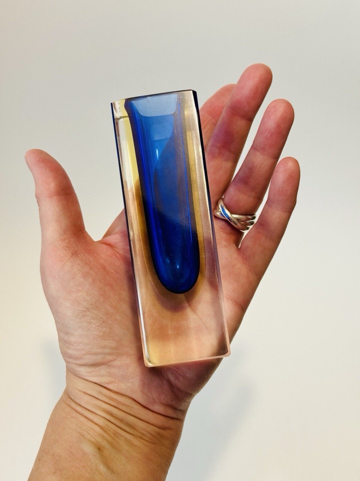 Beautiful Murano Faceted Cobalt Blue & Pale Amber Sommerso Glass Block Vase photo buy