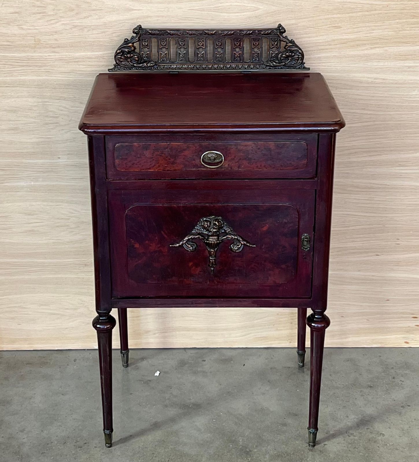 Pair Of French Mahogany Nightstands With Drawer, Door And Bronze Crest photo for sale