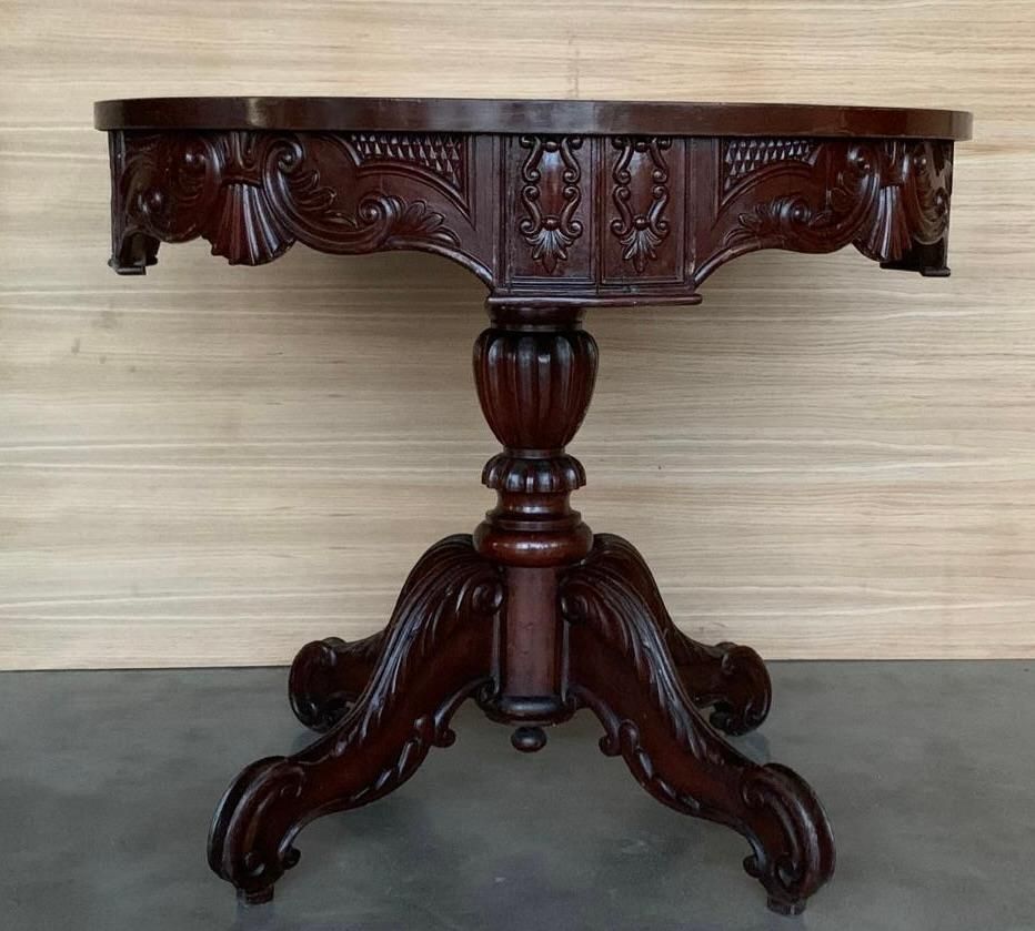 French Victorian Mahogany Carved Round Center Pedestal Table photo Furniture