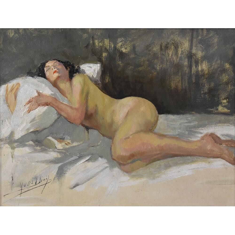 Nude Woman Lying Painting, Art Déco, Naked Woman, XX Century. (Qn607) photo furniture