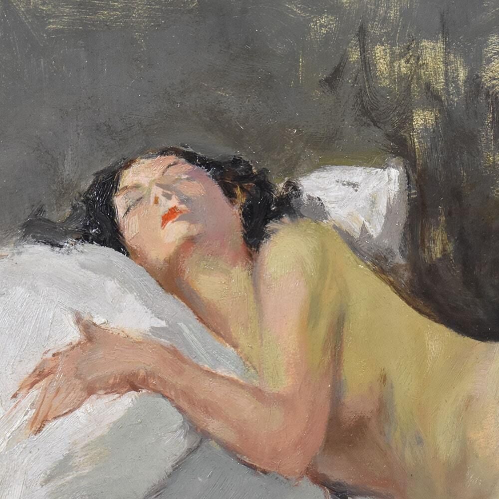 Nude Woman Lying Painting, Art Déco, Naked Woman, XX Century. (Qn607) photo for sale