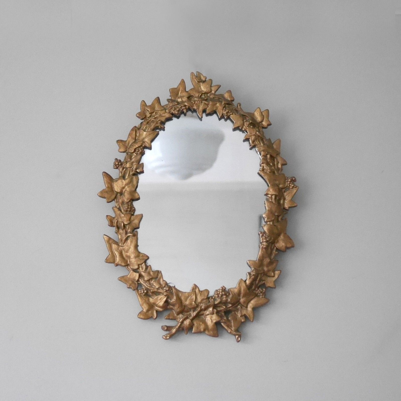 Antique Victorian Cast Iron Metal Hanging Wall Mirror Ivy Leaf Gold #102753