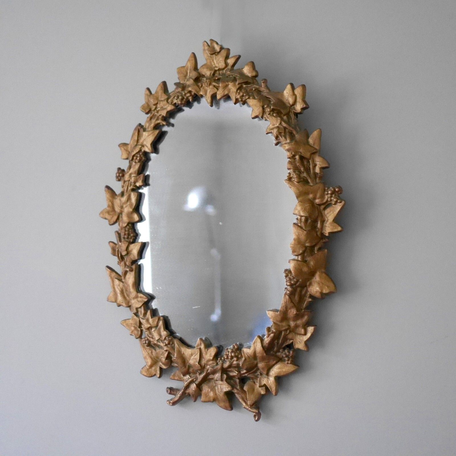 Antique Victorian Cast Iron Metal Hanging Wall Mirror Ivy Leaf Gold #102753 photo for sale