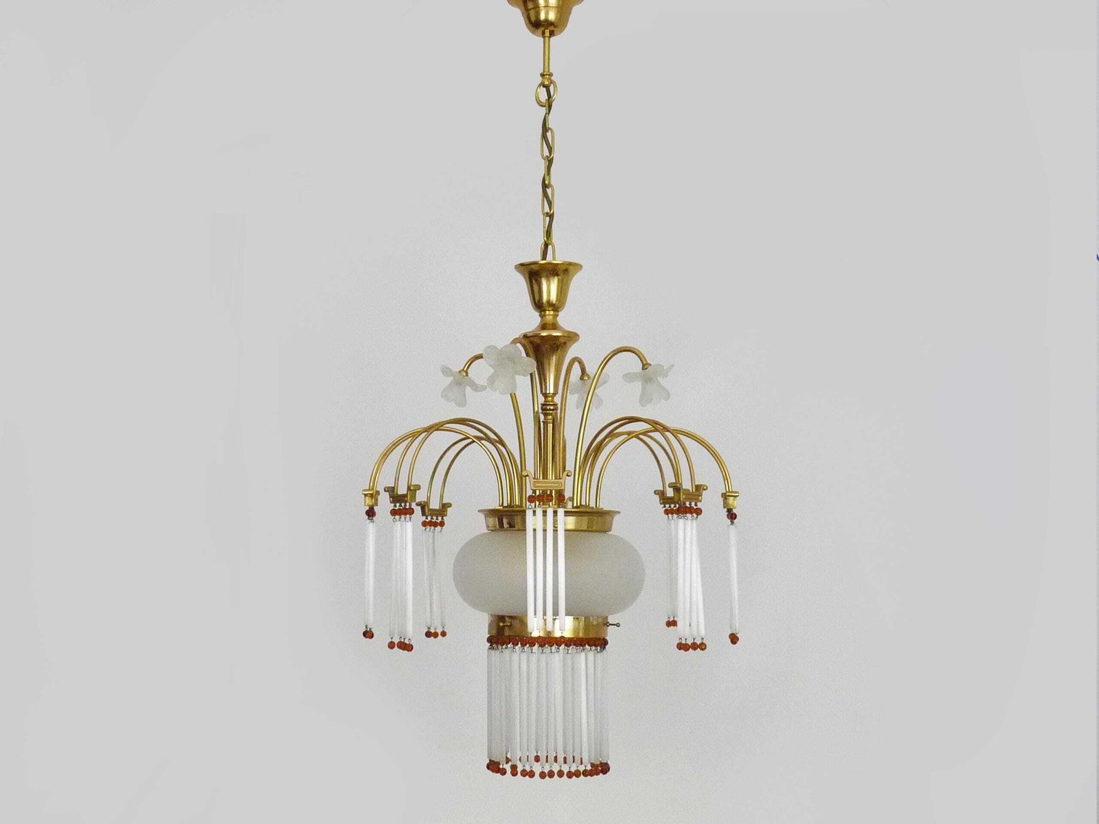 Art Nouveau Style Chandelier In Brass With Pendants And Glass Globe With 3 Lights. Italy 70s 80s photo Lighting
