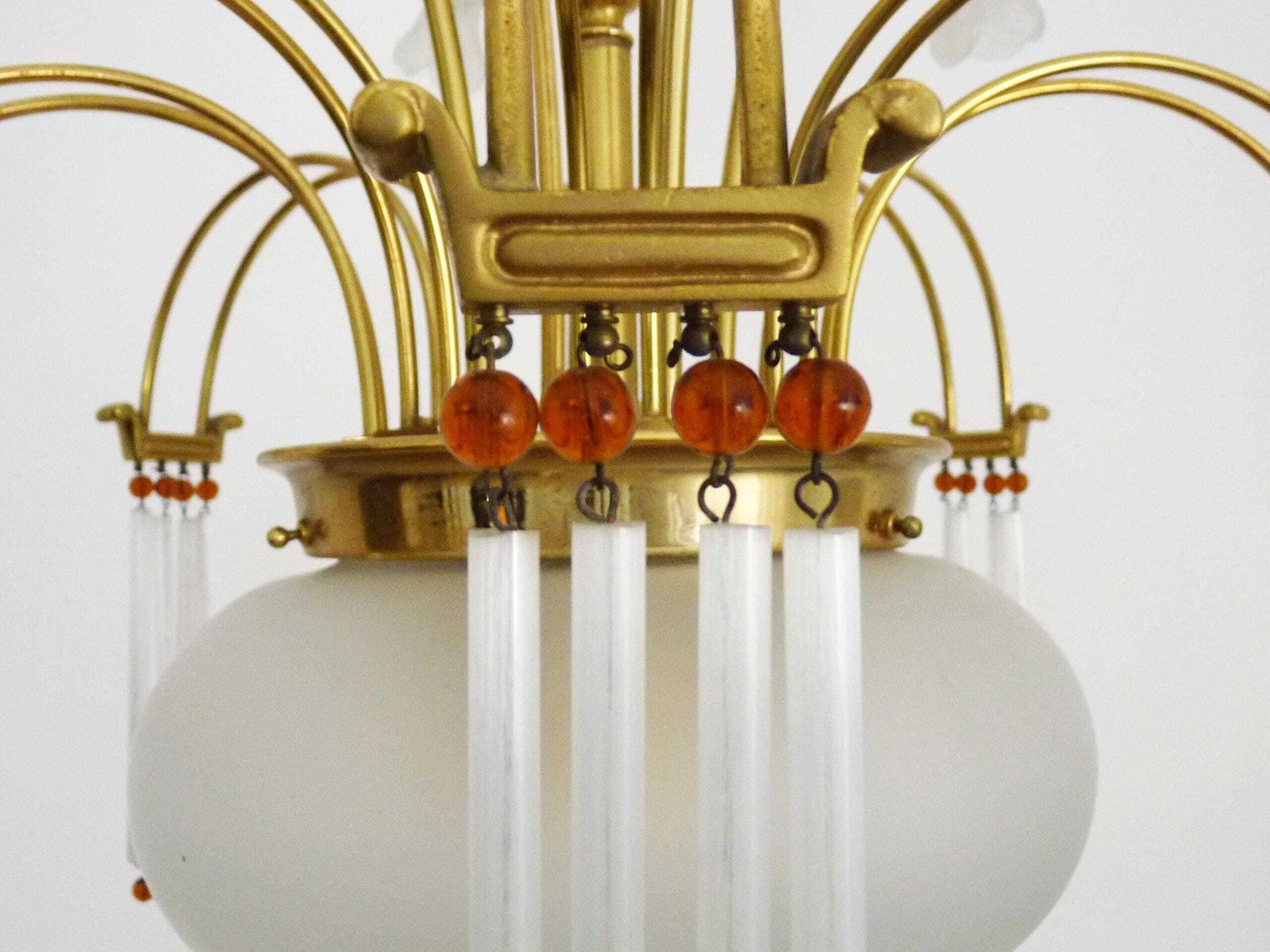 Art Nouveau Style Chandelier In Brass With Pendants And Glass Globe With 3 Lights. Italy 70s 80s photo buy