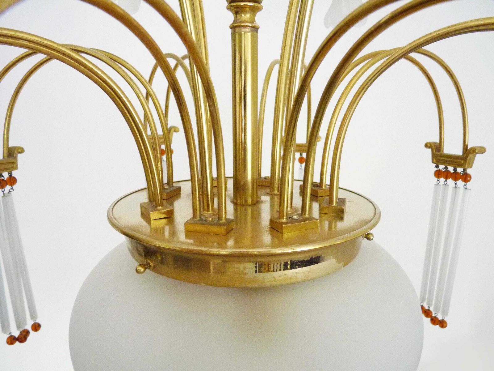 Art Nouveau Style Chandelier In Brass With Pendants And Glass Globe With 3 Lights. Italy 70s 80s photo vintage