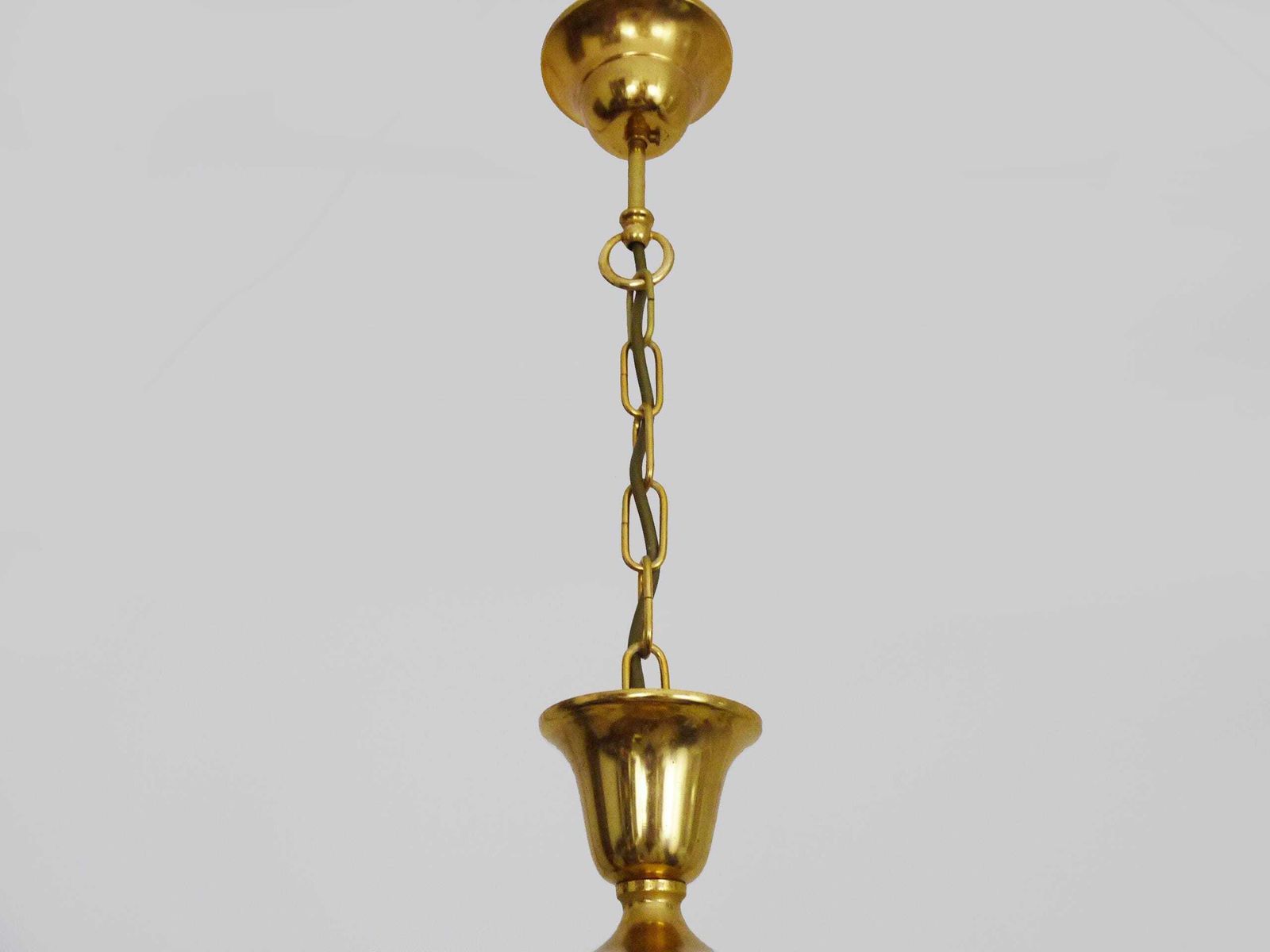 photo for sale Art Nouveau Style Chandelier In Brass With Pendants And Glass Globe With 3 Lights. Italy 70s 80s