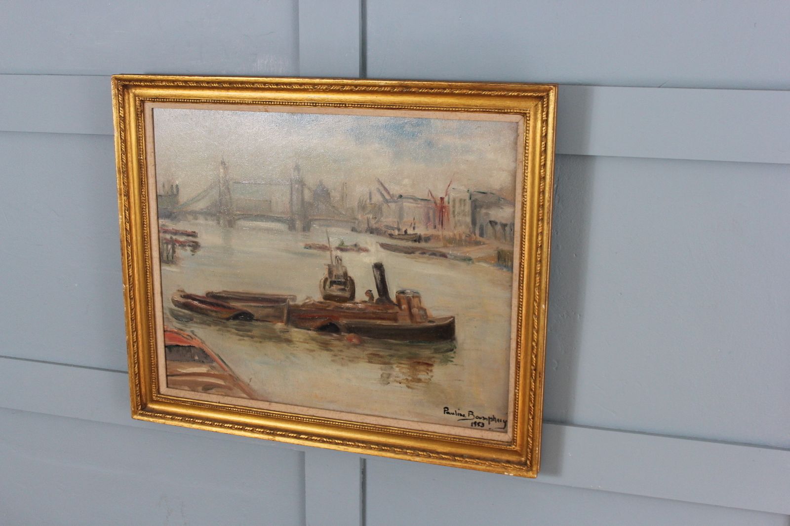 Pauline Boumphrey Tug Boats On The River Thames London Painting photo for sale
