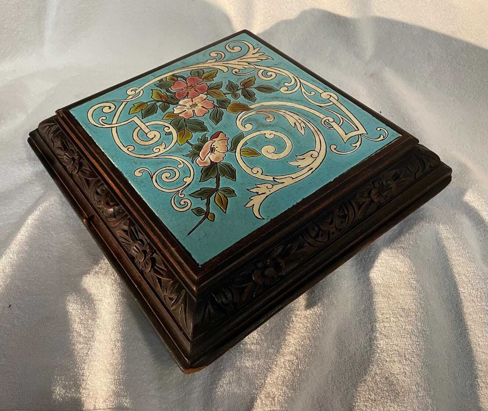 Antique Early 1900s Wind Up Music Box Stand – Hand Painted Tile & Carved Wood photo furniture