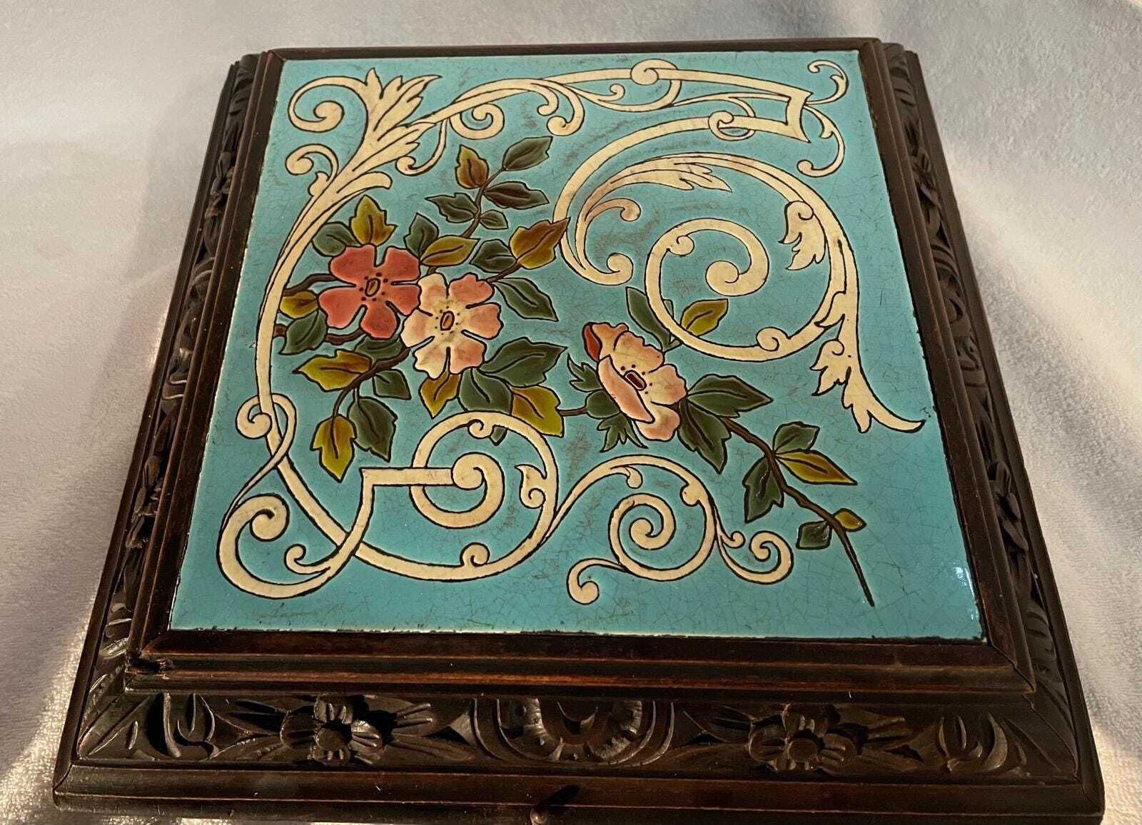 Antique Early 1900s Wind Up Music Box Stand – Hand Painted Tile & Carved Wood photo Home Decor