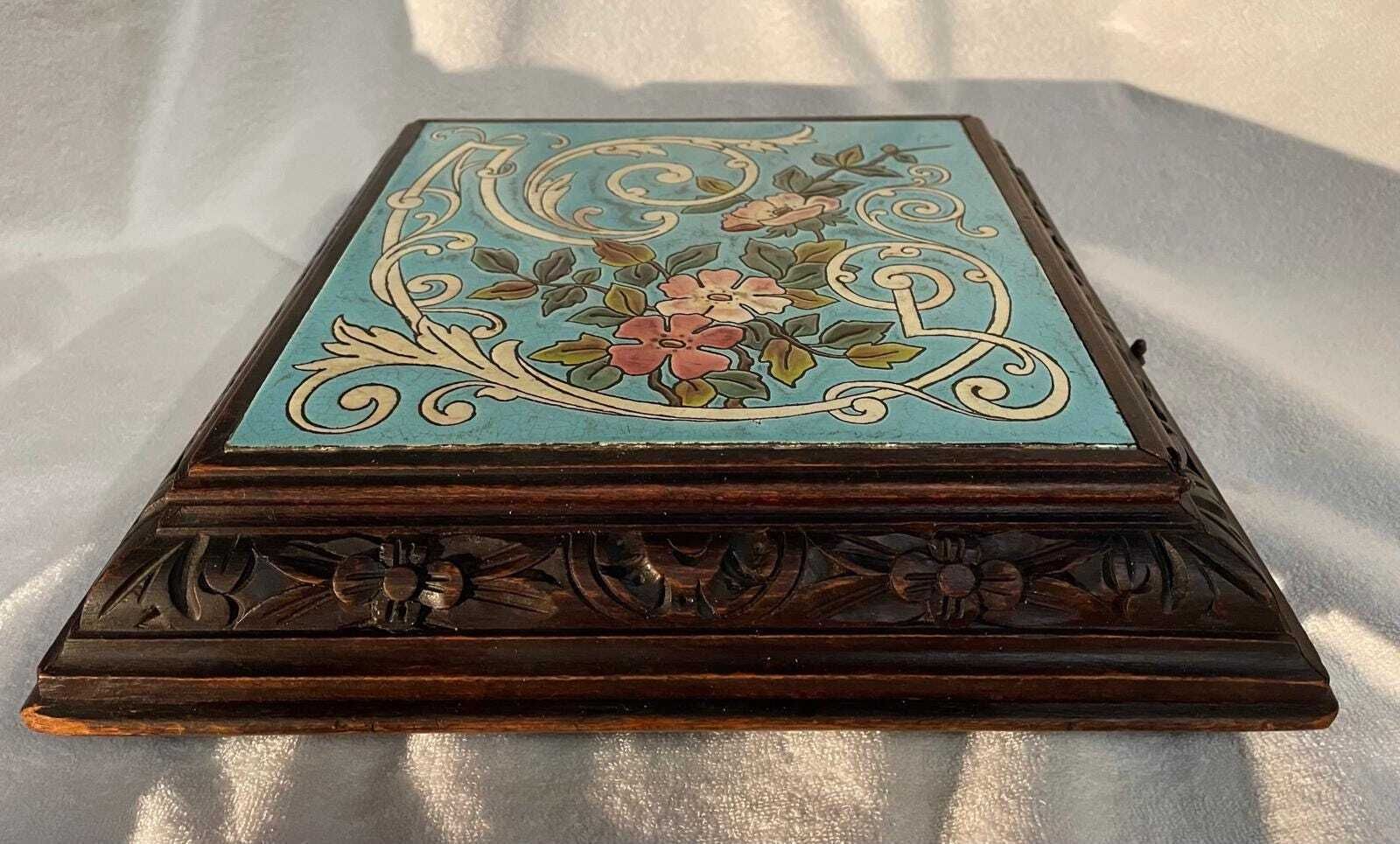 Antique Early 1900s Wind Up Music Box Stand – Hand Painted Tile & Carved Wood photo buy