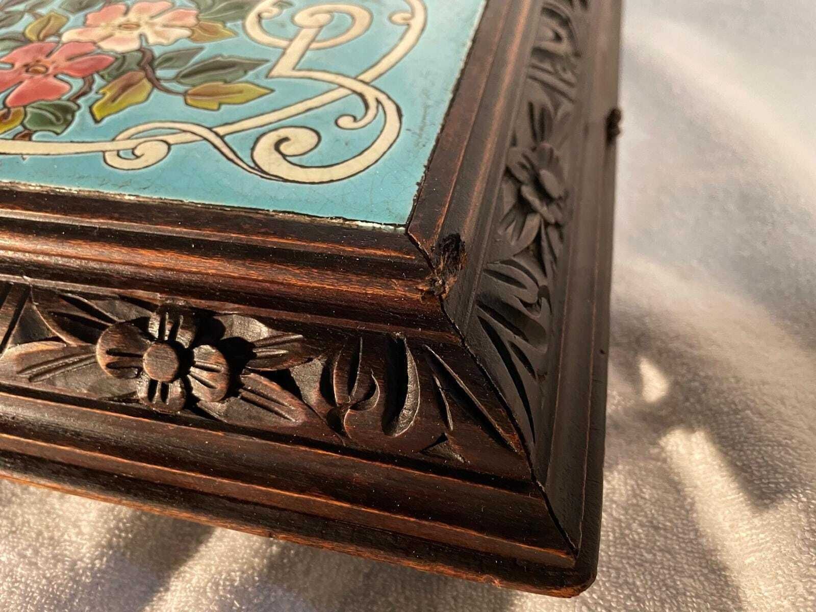 Antique Early 1900s Wind Up Music Box Stand – Hand Painted Tile & Carved Wood photo vintage